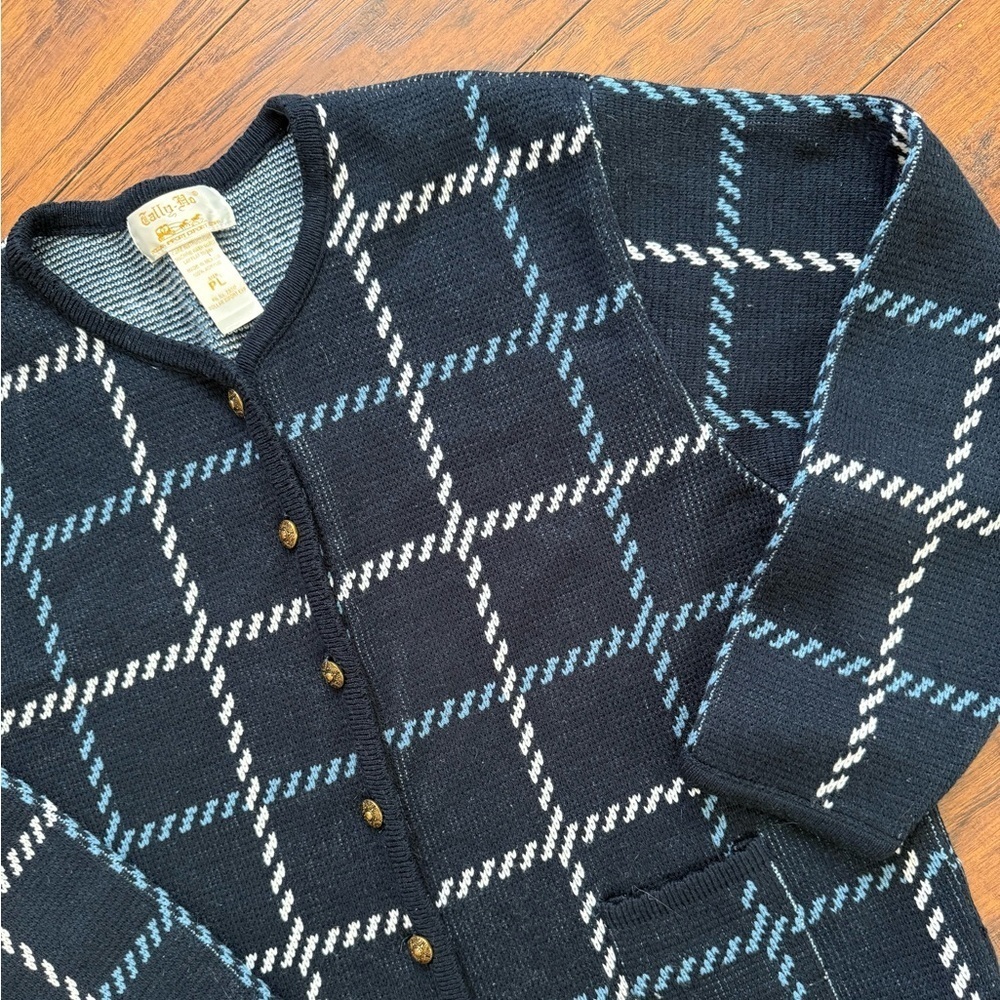 Vintage Tally Ho Blue White Knit Cardigan Spring Easter | Size Petite Large